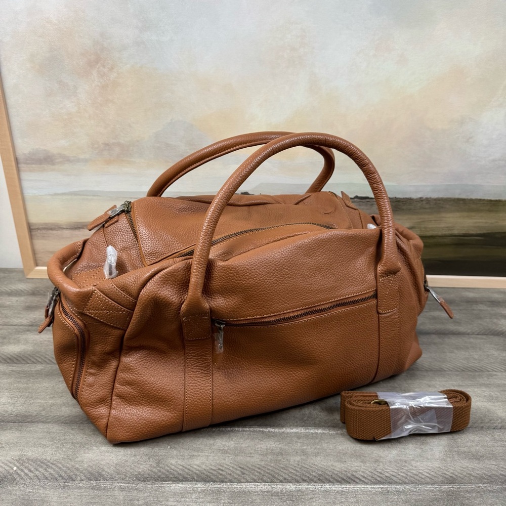 Mark & Graham Harvey Leather Overnighter Men Luxury Duffel Bag Camel Flaws OB